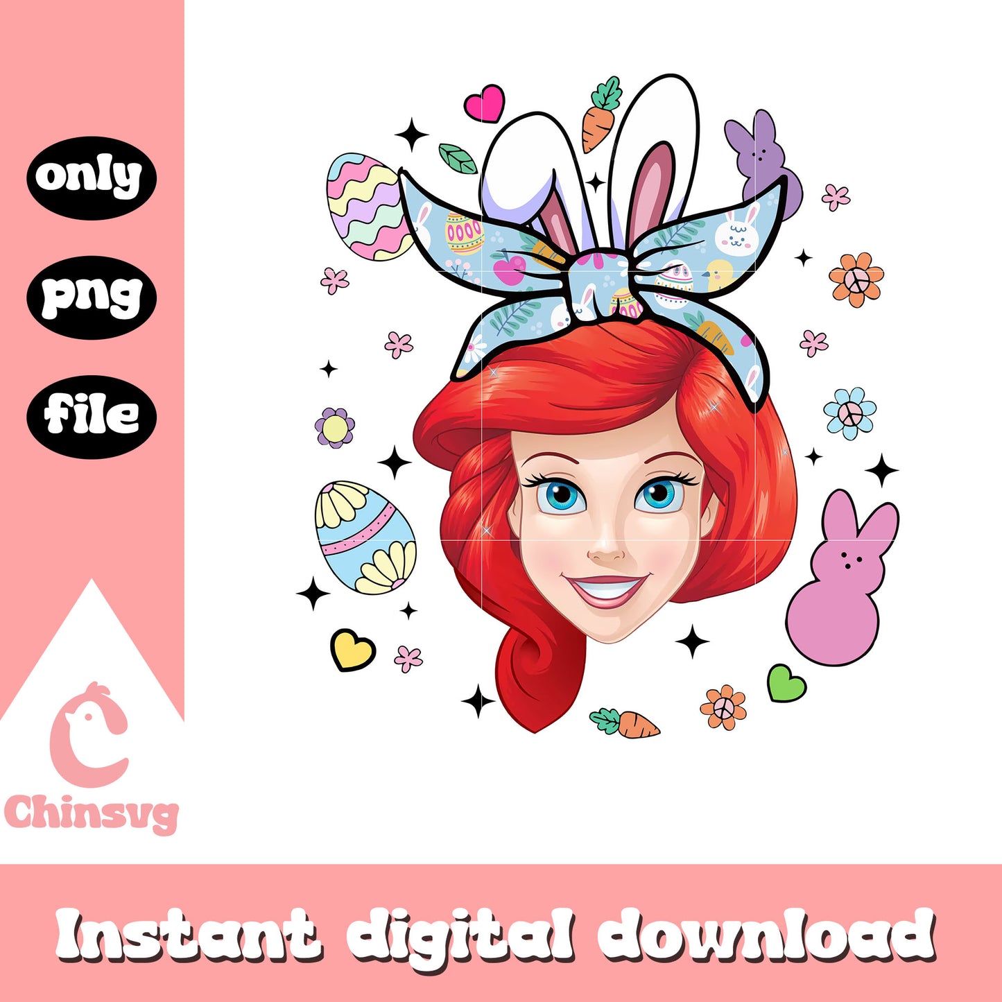 Ariel princess easter bunny ears png, easter day png, princess png