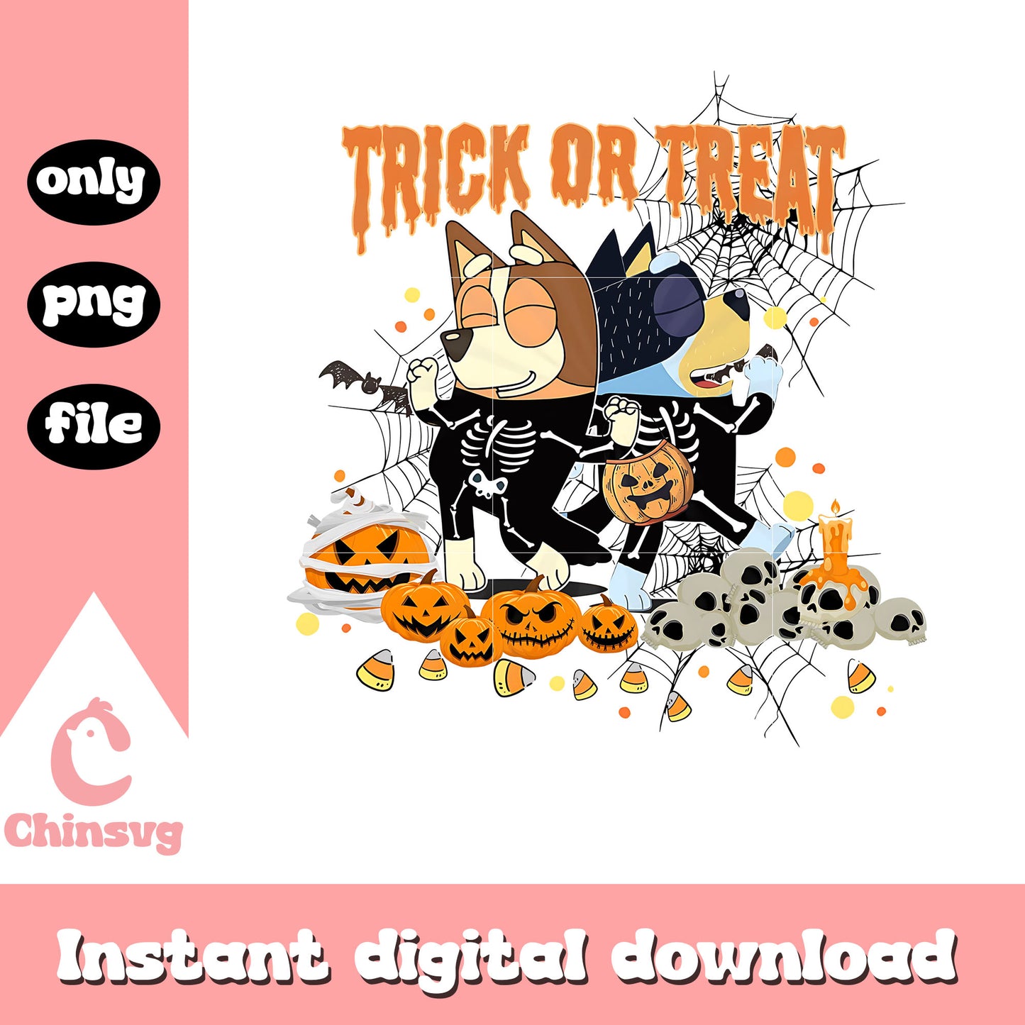 Bluey Bingo skeleton halloween design png, trick or treat png