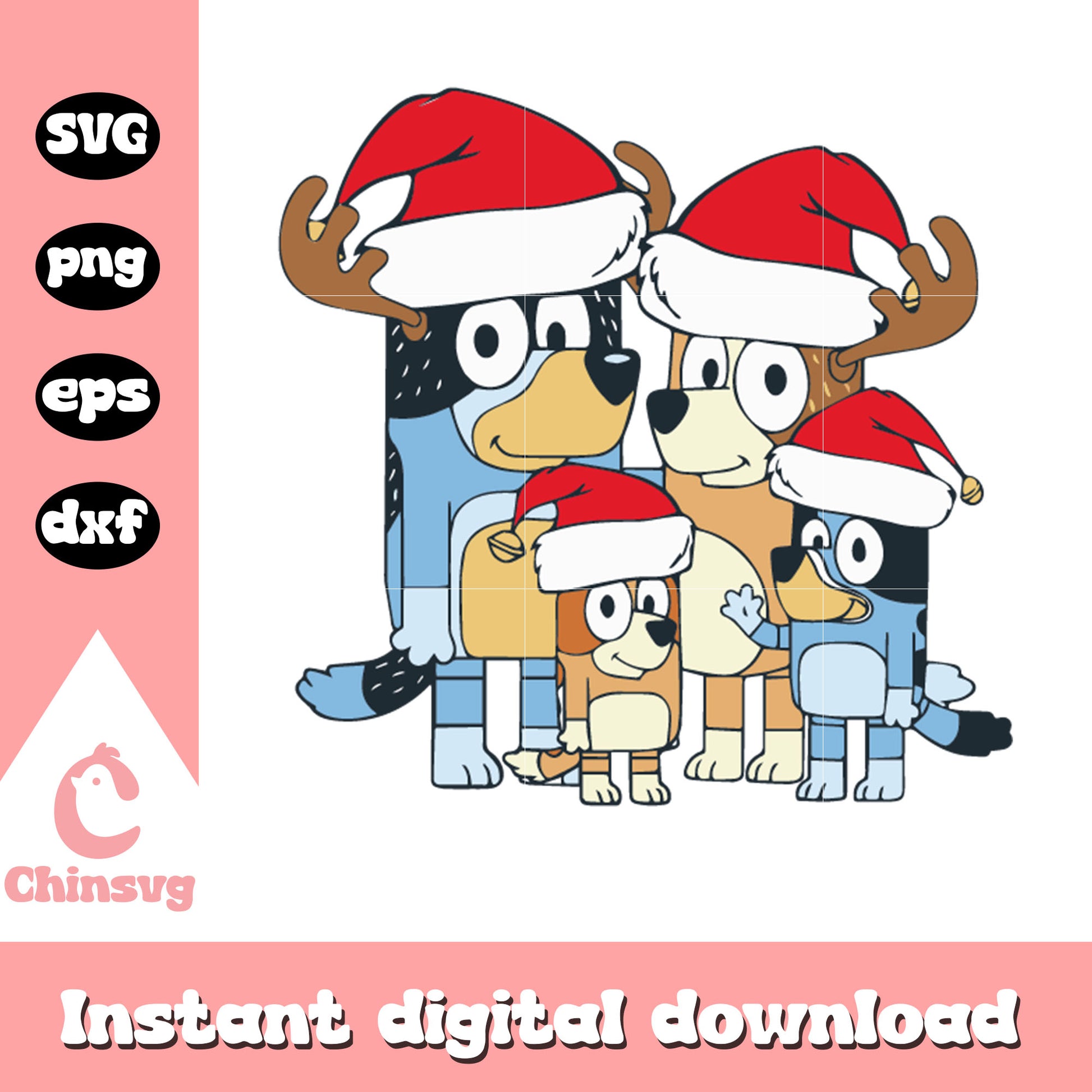 Bluey and family santa hat svg, bluey family svg, christmas day svg