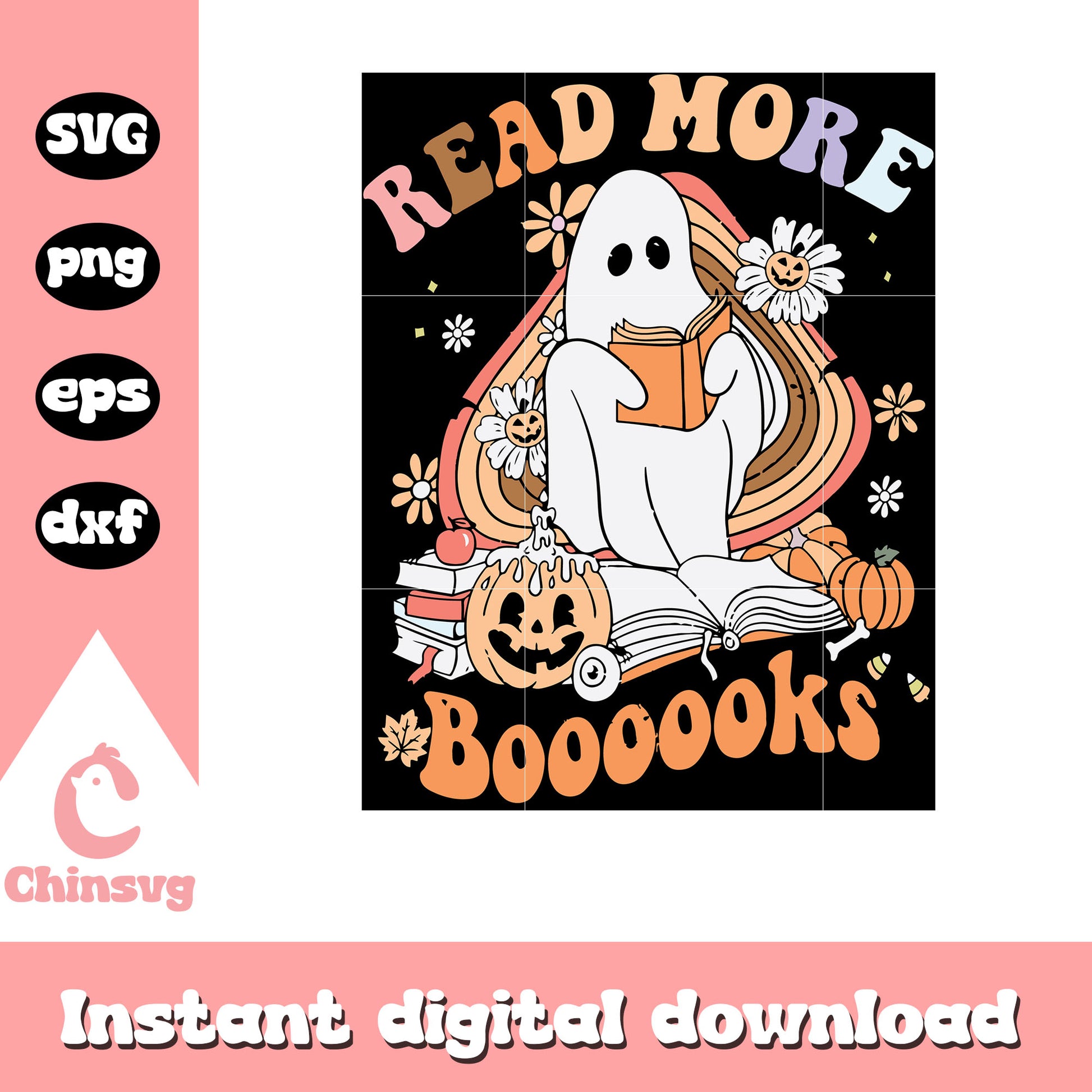 Boo ghost reading booooks embroidery svg, reading book svg