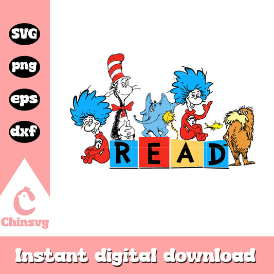 Cat in the hat and friends read svg, read book svg, friends svg