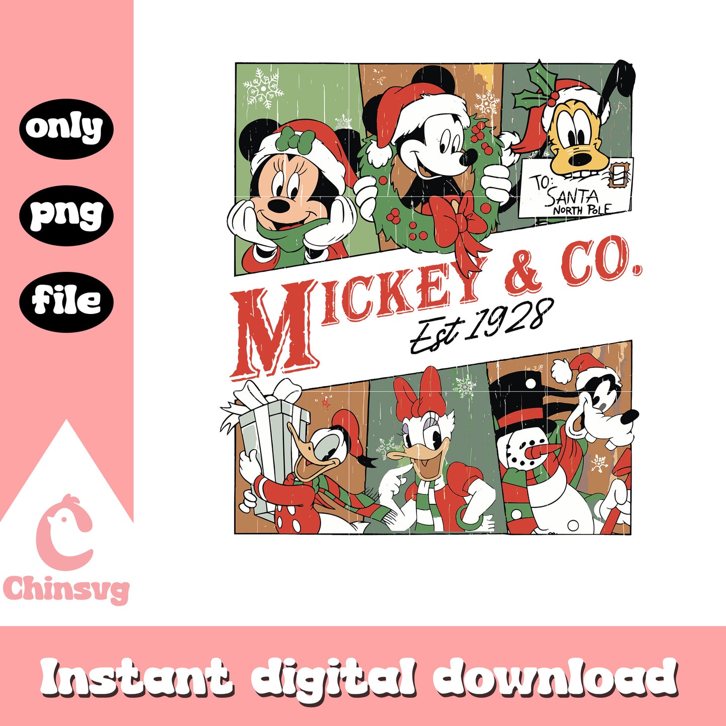 Christmas mickey and co est 1928 design png, christmas mickey png