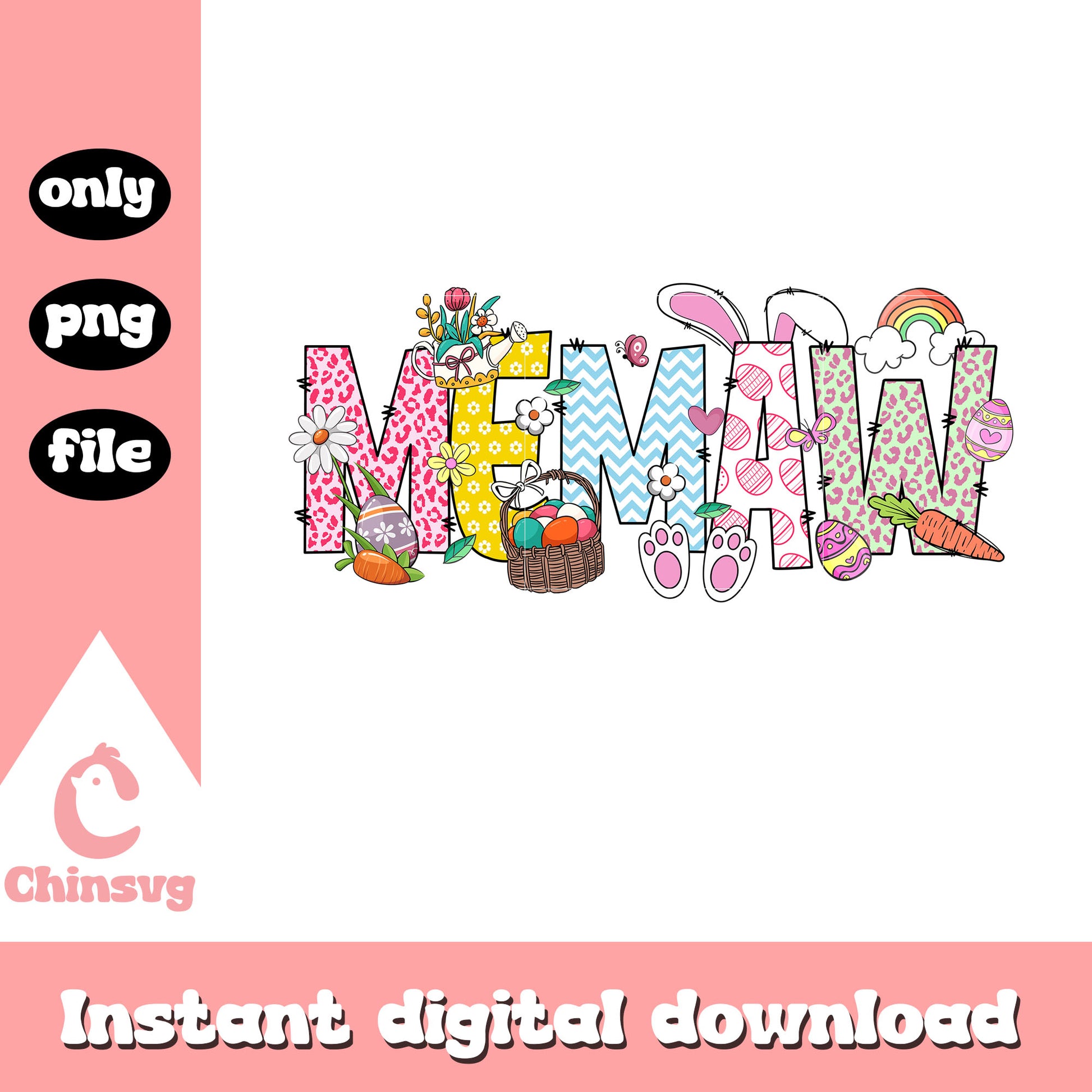 Cute memaw easter day pattern png, easter bunny png, font design png