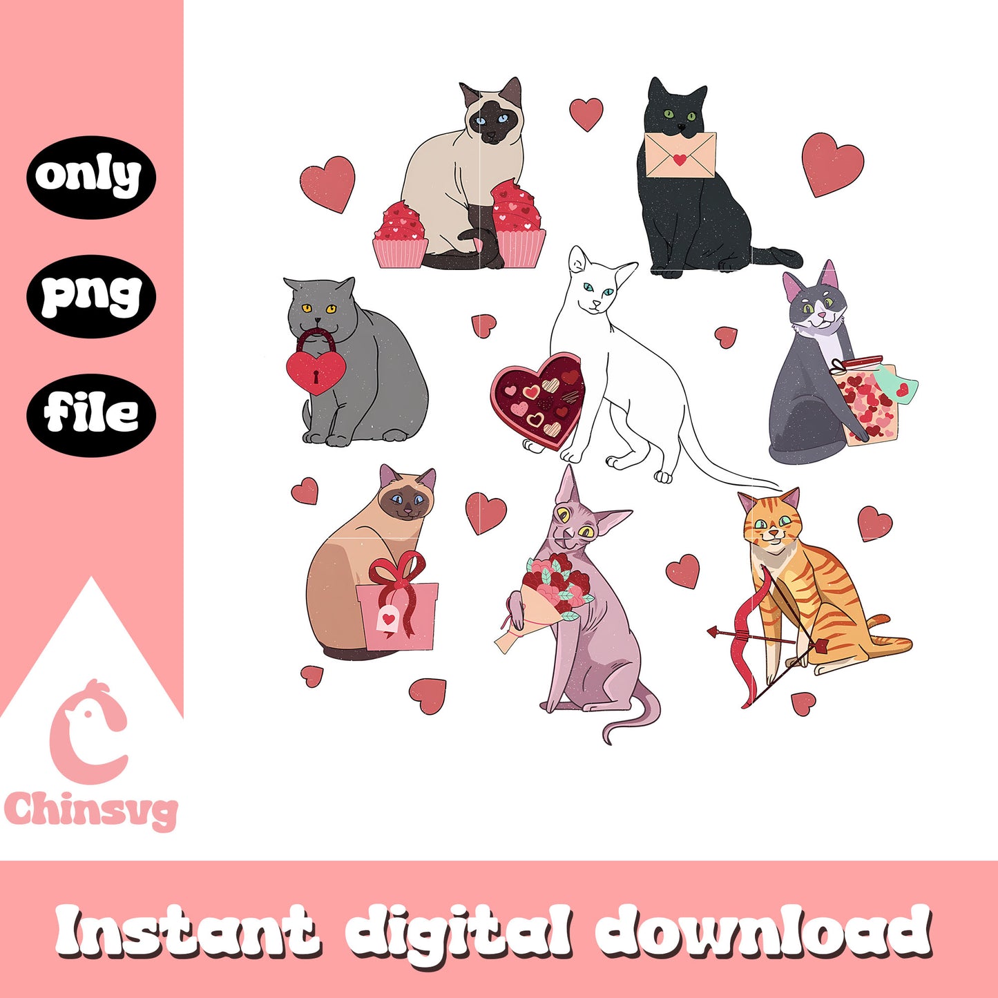 Cute valentine cats hearts chocolate png, valentine png