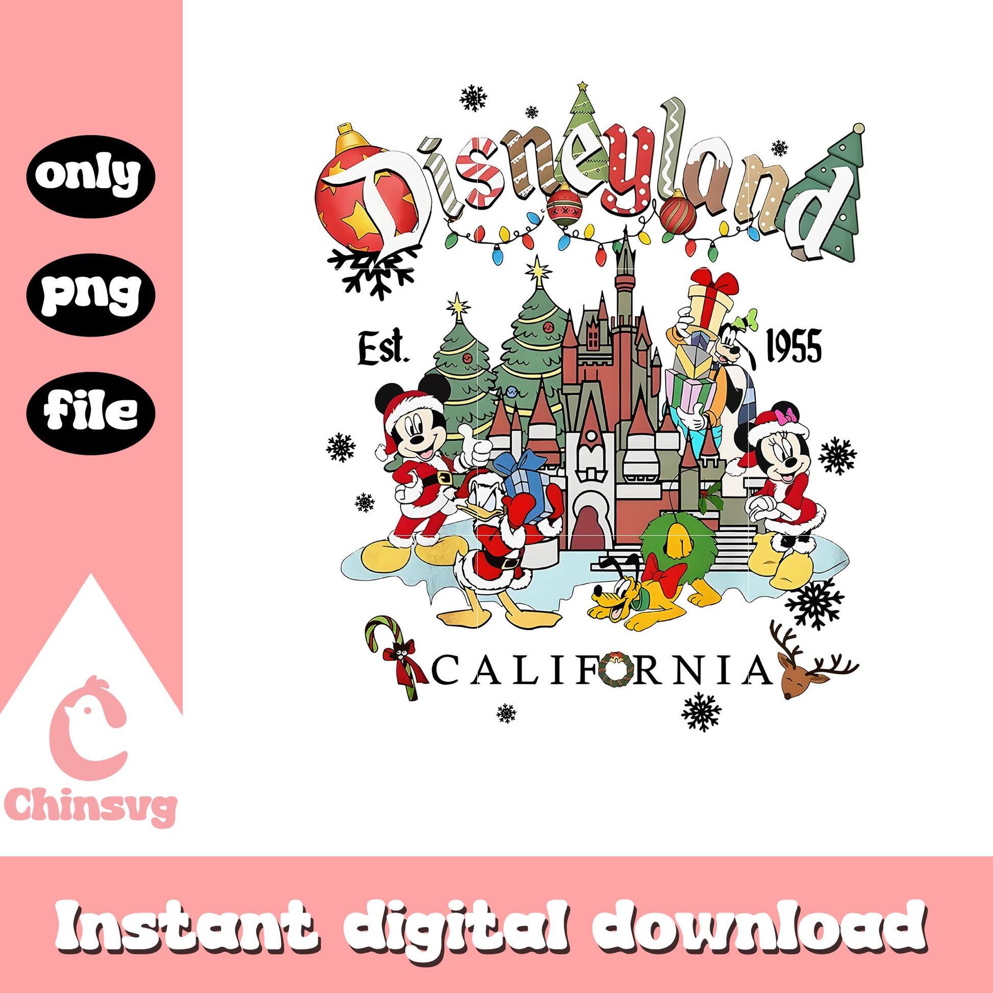 Disneyland est 1955 christmas png, mickey and friends christmas png