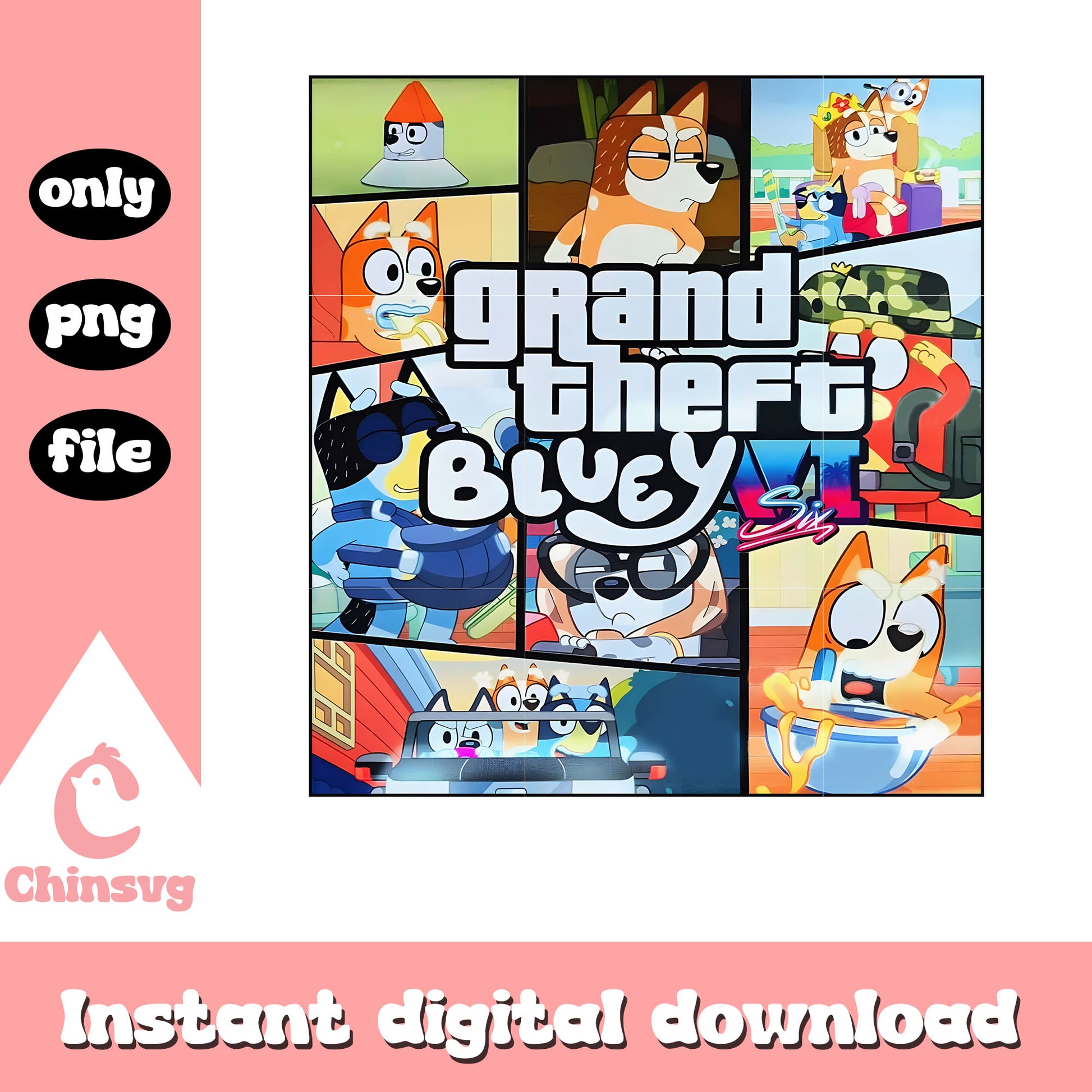 Grand theft bluey cartoon design png, bluey family png