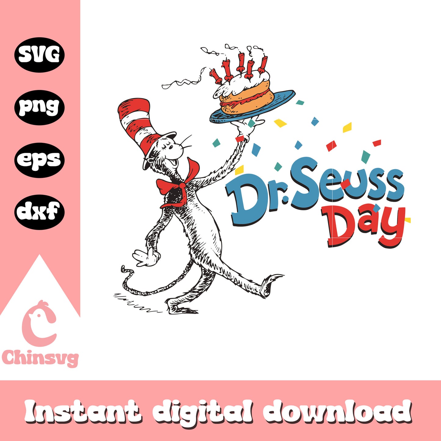 Happy dr seuss day design svg, cat in the hat svg, cake svg