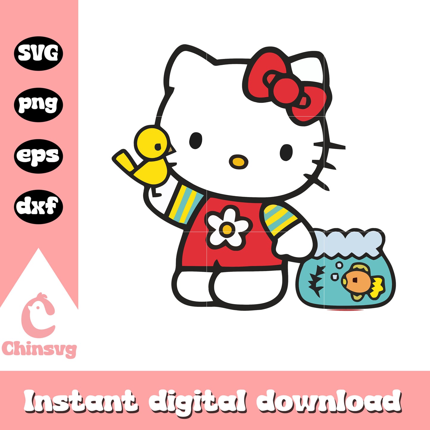 Hello kitty bird and fish svg, hello kitty friends svg, kitty cat svg