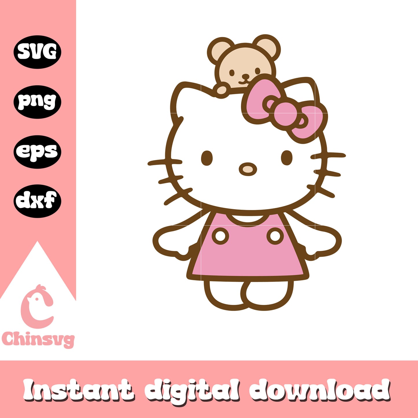 Hello kitty pink dress and teddy svg, hello kitty cartoon svg