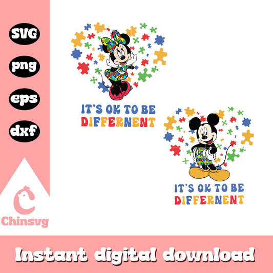 It's ok to be different svg, autism awareness svg, mickey minnie svg