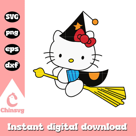 Kitty witch flying halloween design svg, hello kitty svg