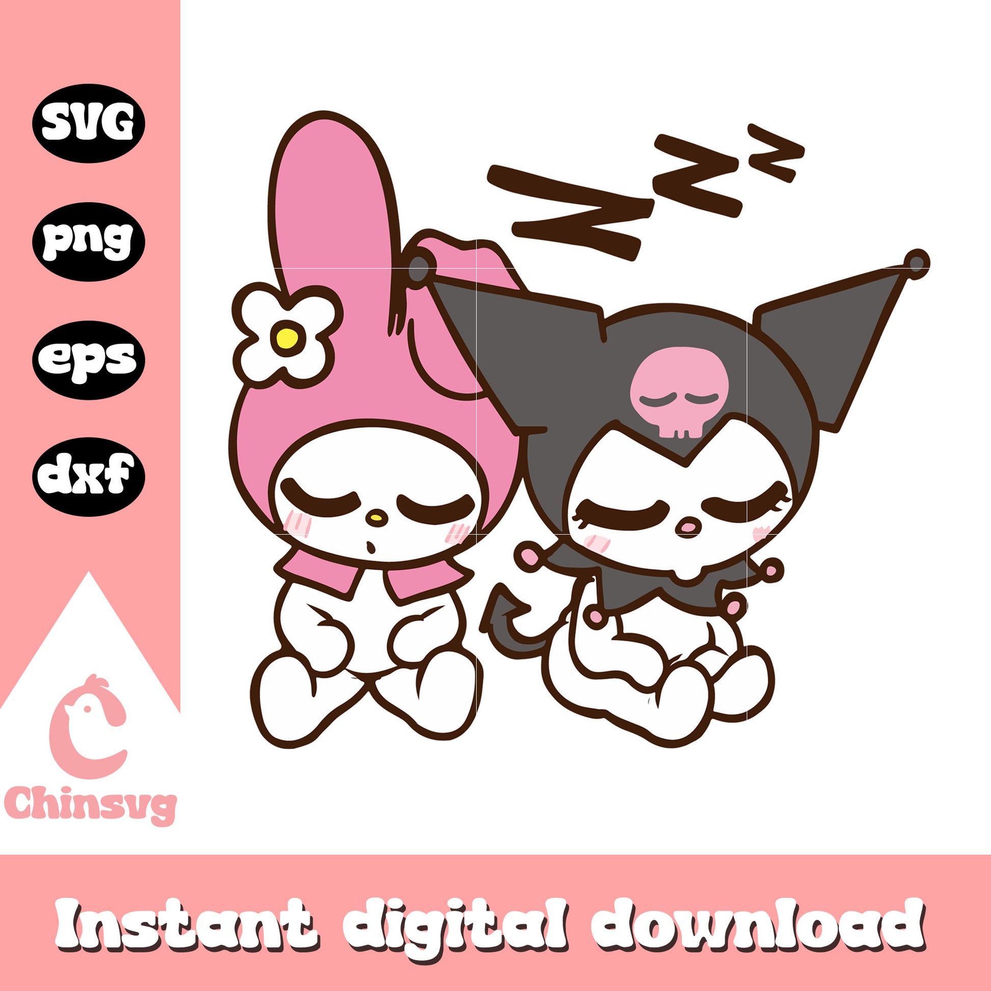 Kuromi and melody sleeping svg, hello kitty svg, sanrio cartoon svg