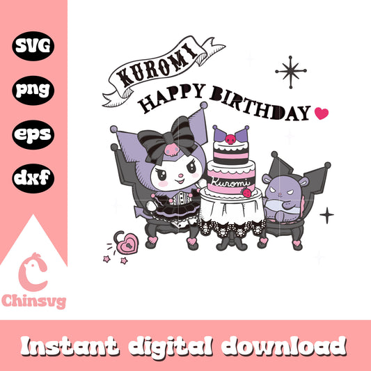 Kuromi happy birthday svg, hello kitty svg, kuromi and baku svg