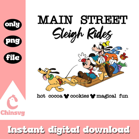 Main street sleigh rides disney design png, mickey and friends christmas png