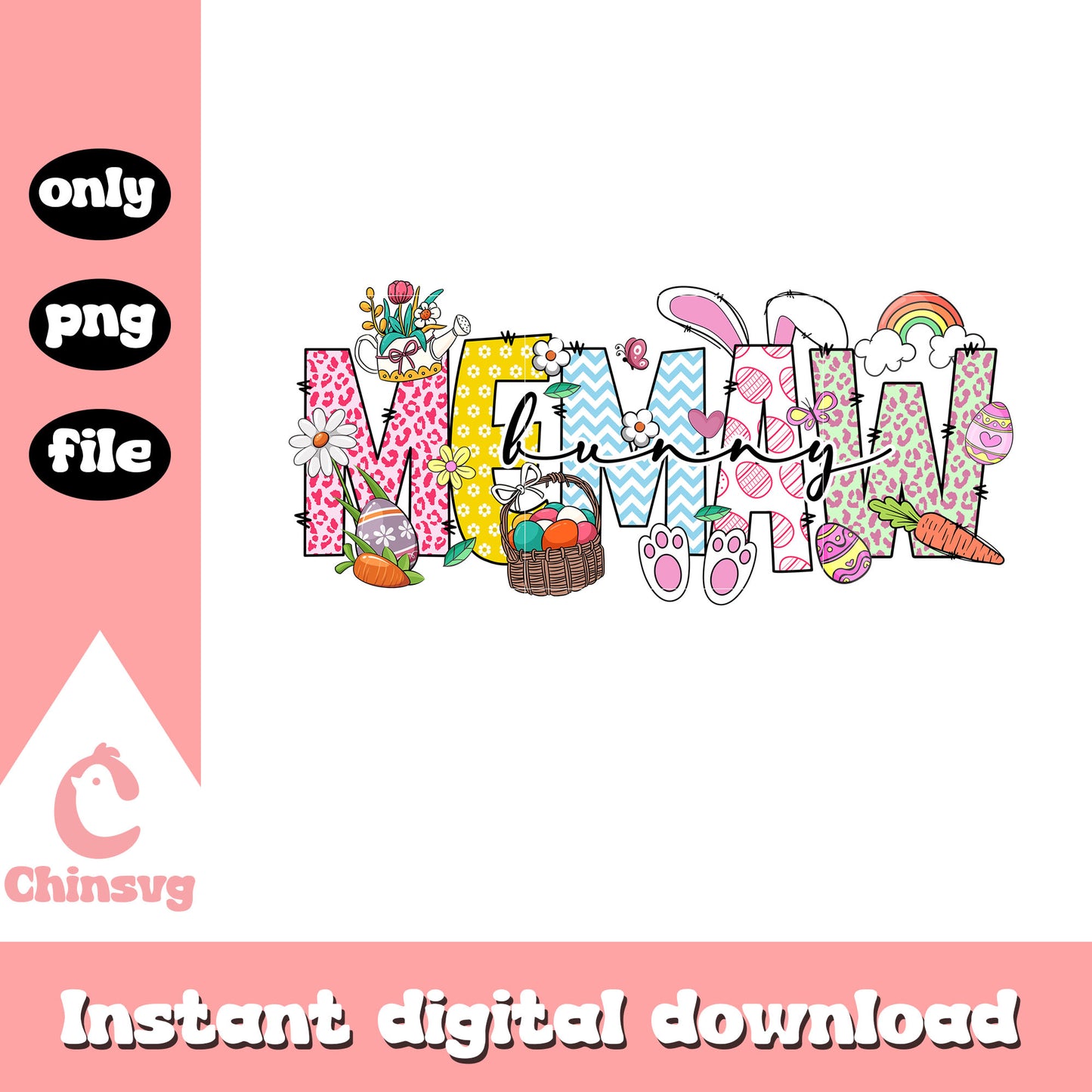 Memaw bunny easter day pattern png, easter bunny png, font png