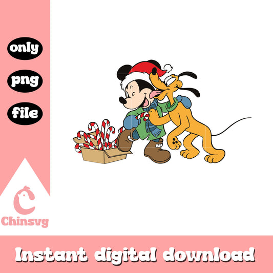 Mickey and pluto dog with christmas candy png, mickey christmas png