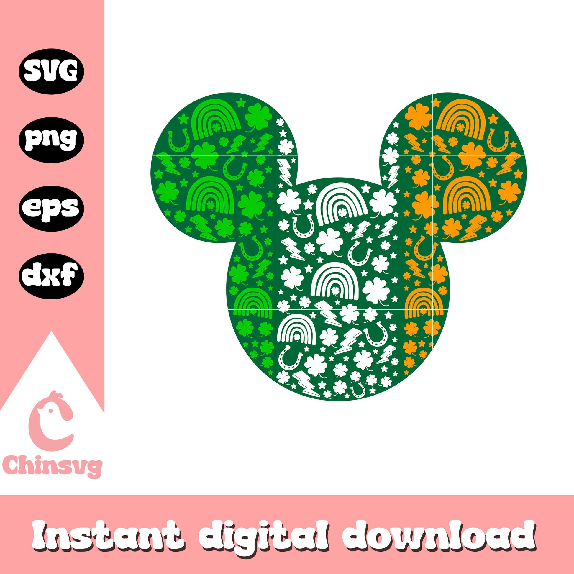 Mickey head green clover rainbow patrick day svg, st patrick's day svg