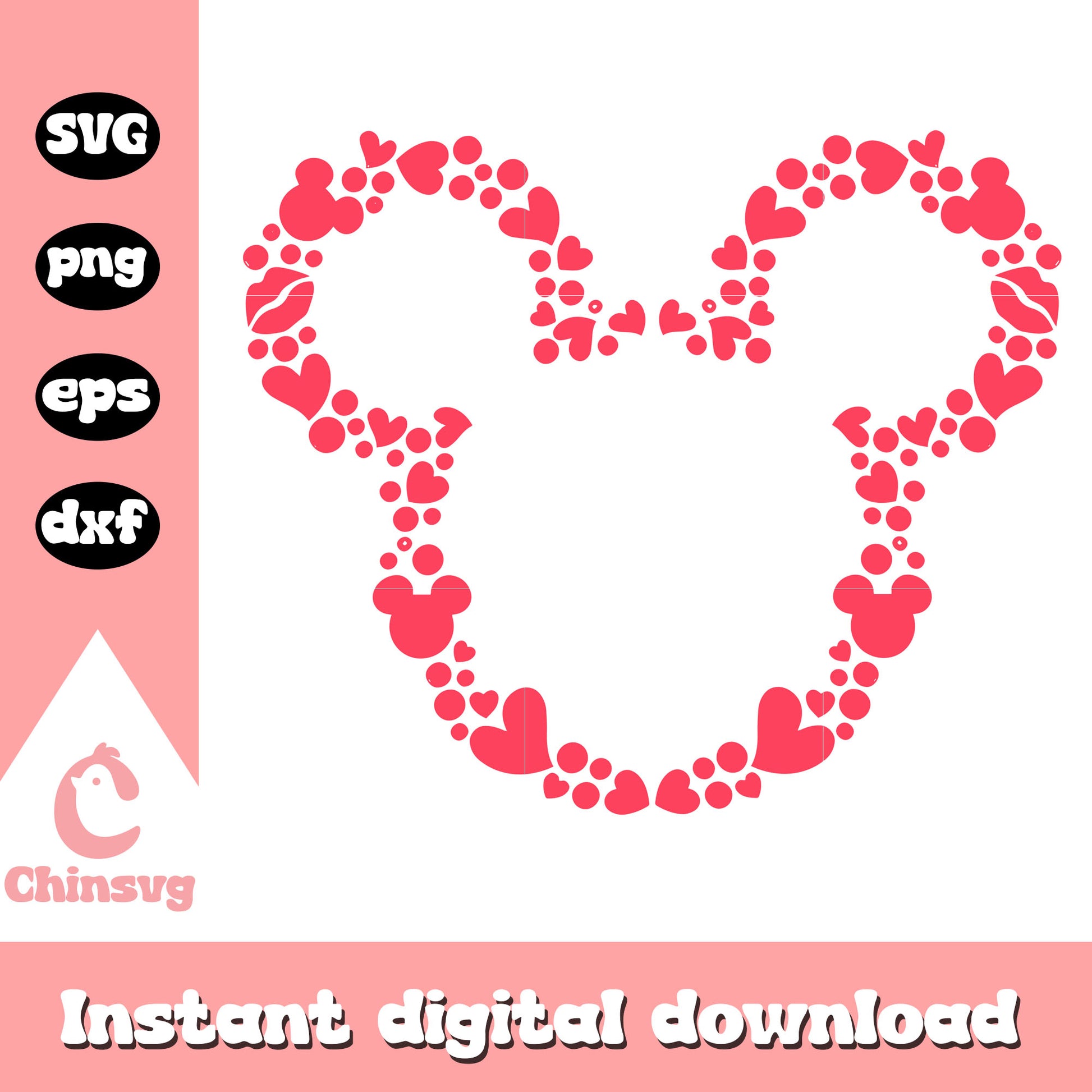 Mickey head heart valentine svg, valentines day mickey ears​ svg