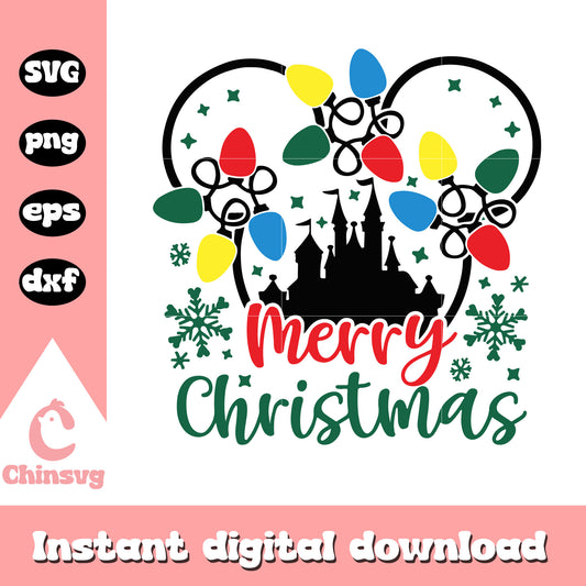 Mickey head merry christmas light svg, disney christmas svg, disney castle svg