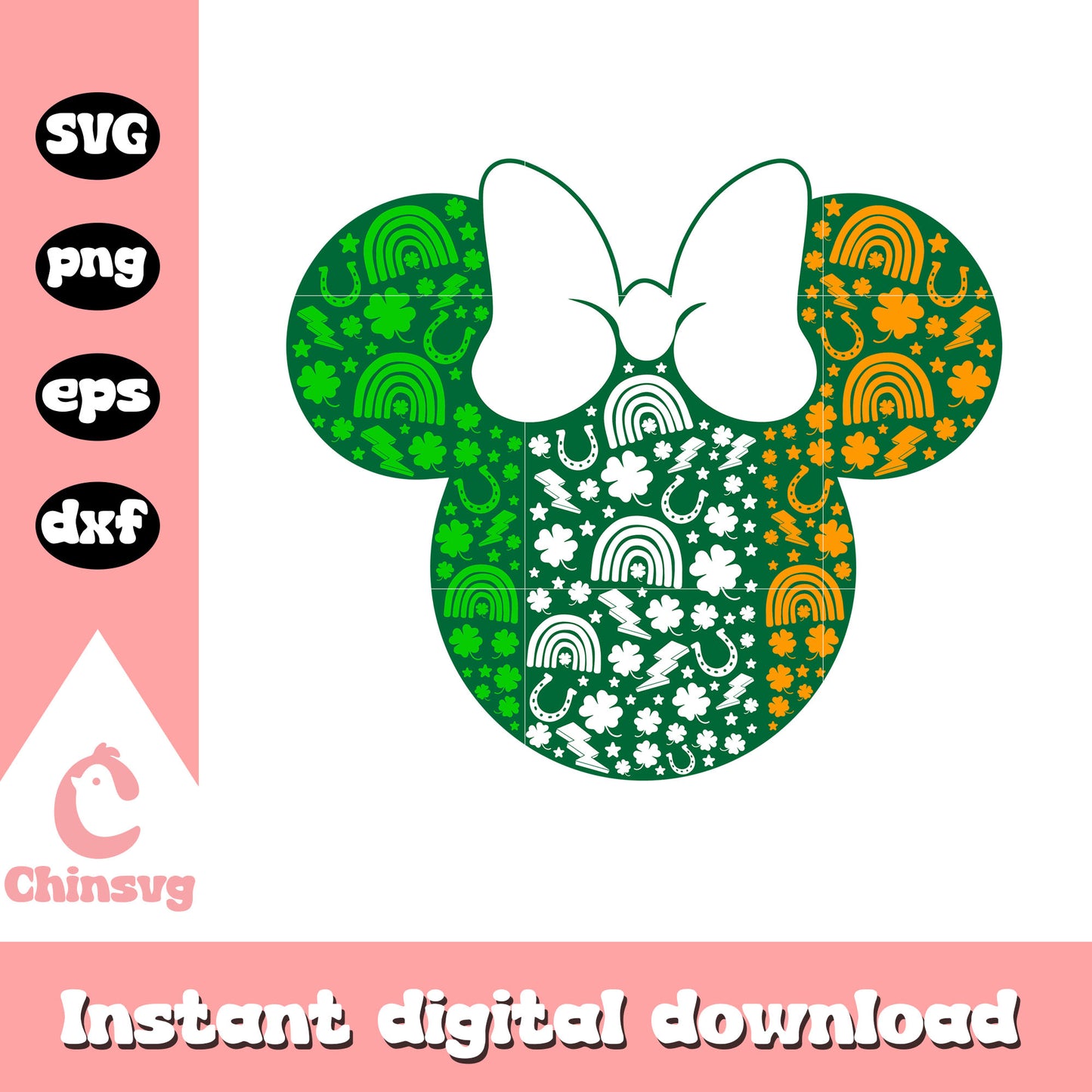 Minnie head green clover rainbow patrick day svg, st patrick's day svg