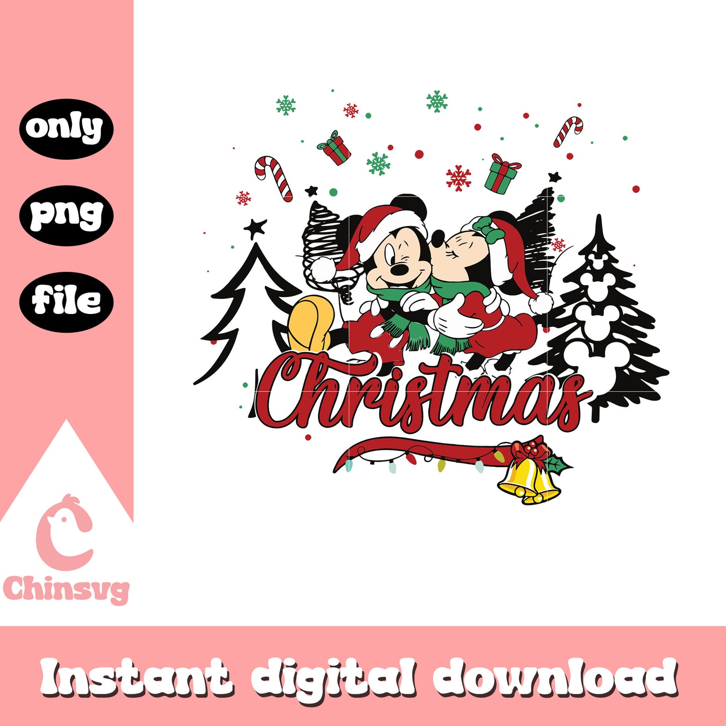 Minnie kissing mickey christmas design png, mickey and minnie christmas​ png