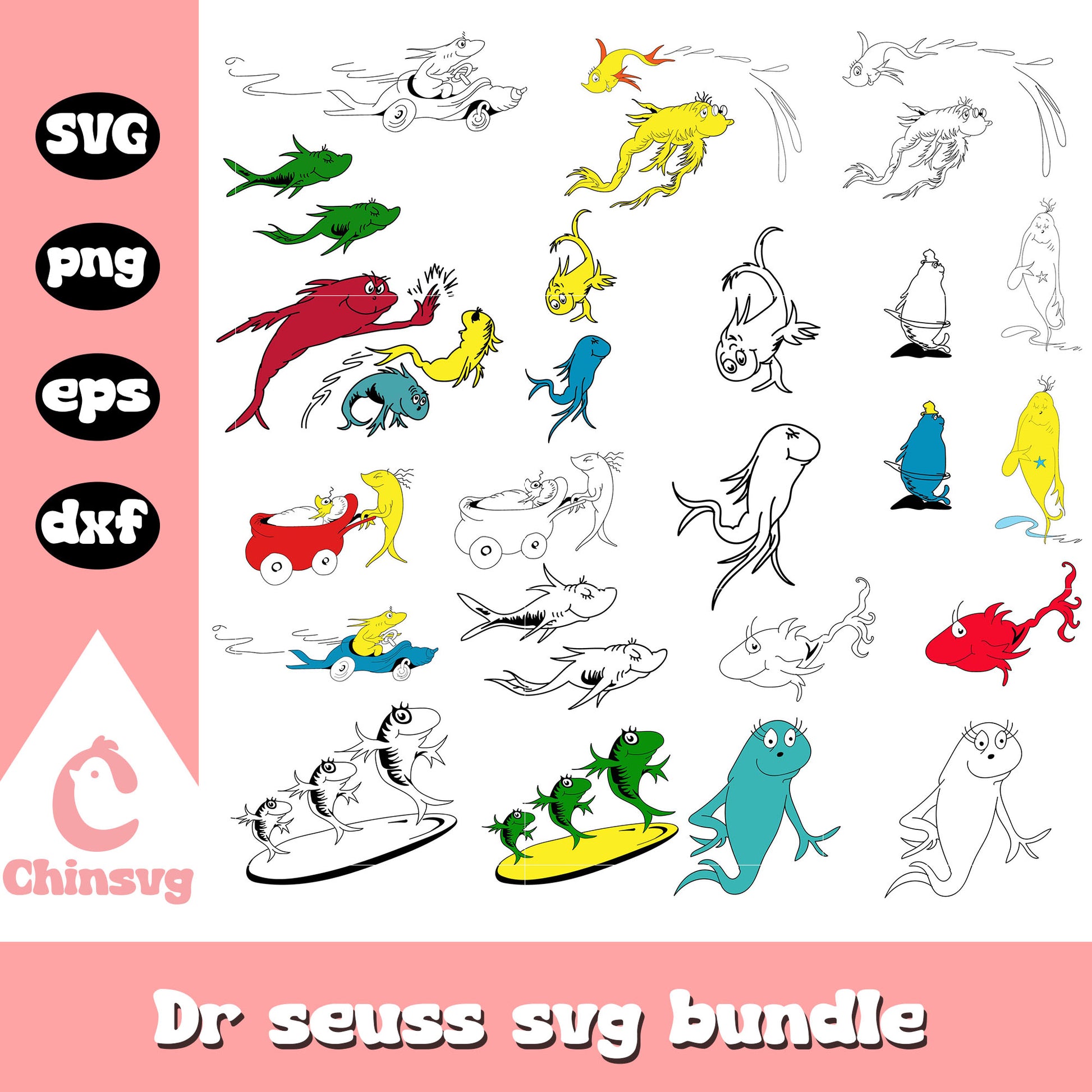 One fish two fish red fish bundle svg, dr seuss one fish two fish​ svg