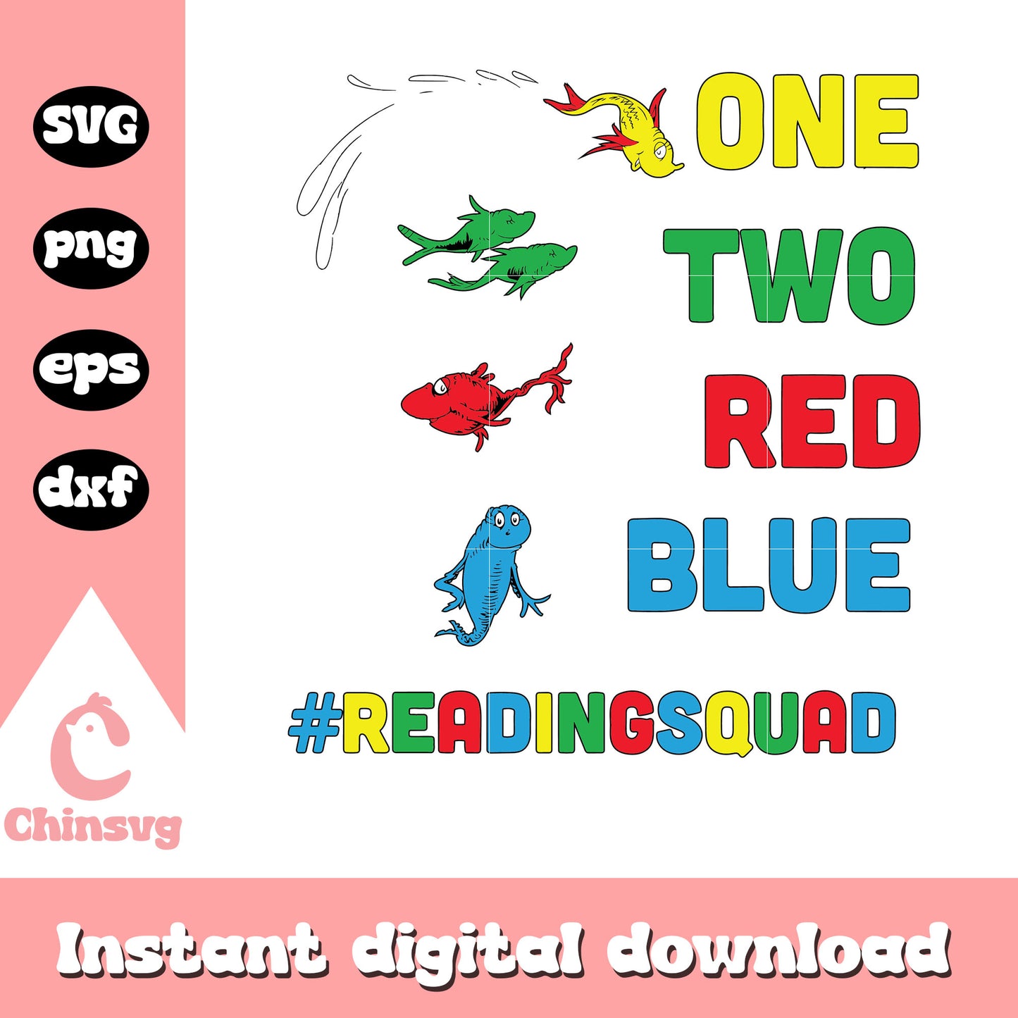 One two red blue fish svg, reading squad svg, dr seuss svg