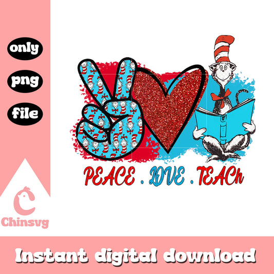 Peace love read cat in the hat png, reading book png, love book png