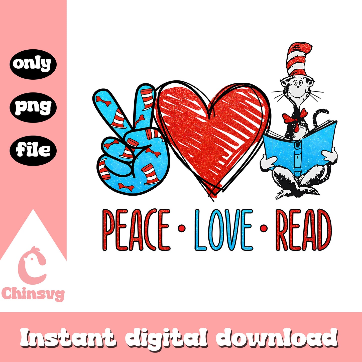 Peace love read cat reading book png, cat in the hat png