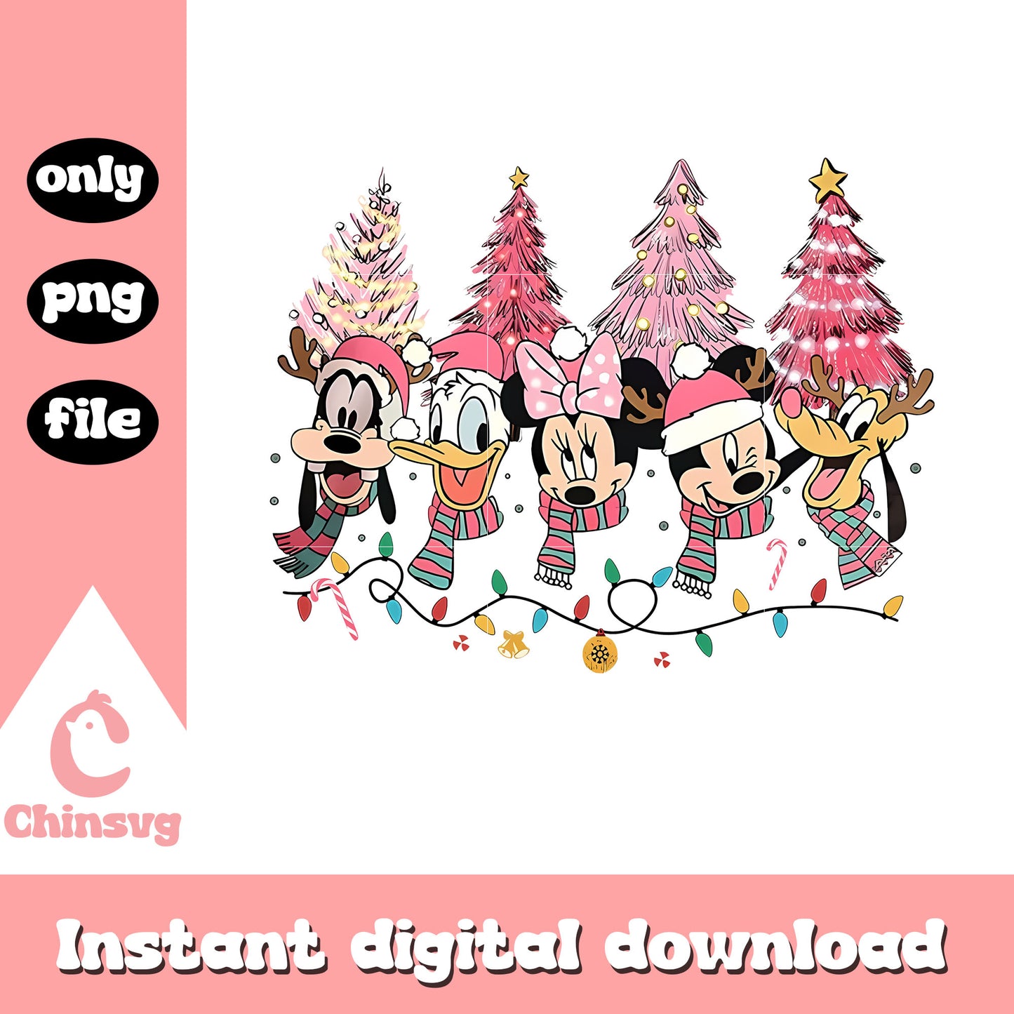 Pink christmas lights mickey friends png, pink christmas png