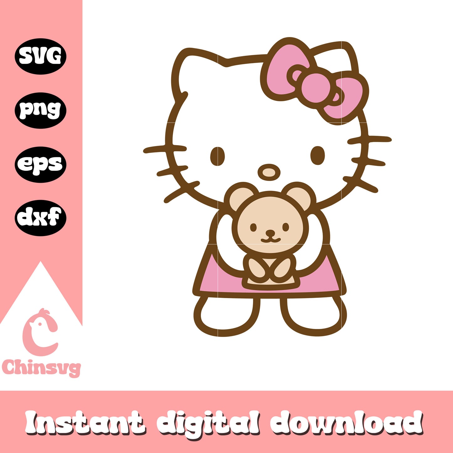 Pink kitty cat and teddy bear svg, pink hello kitty svg