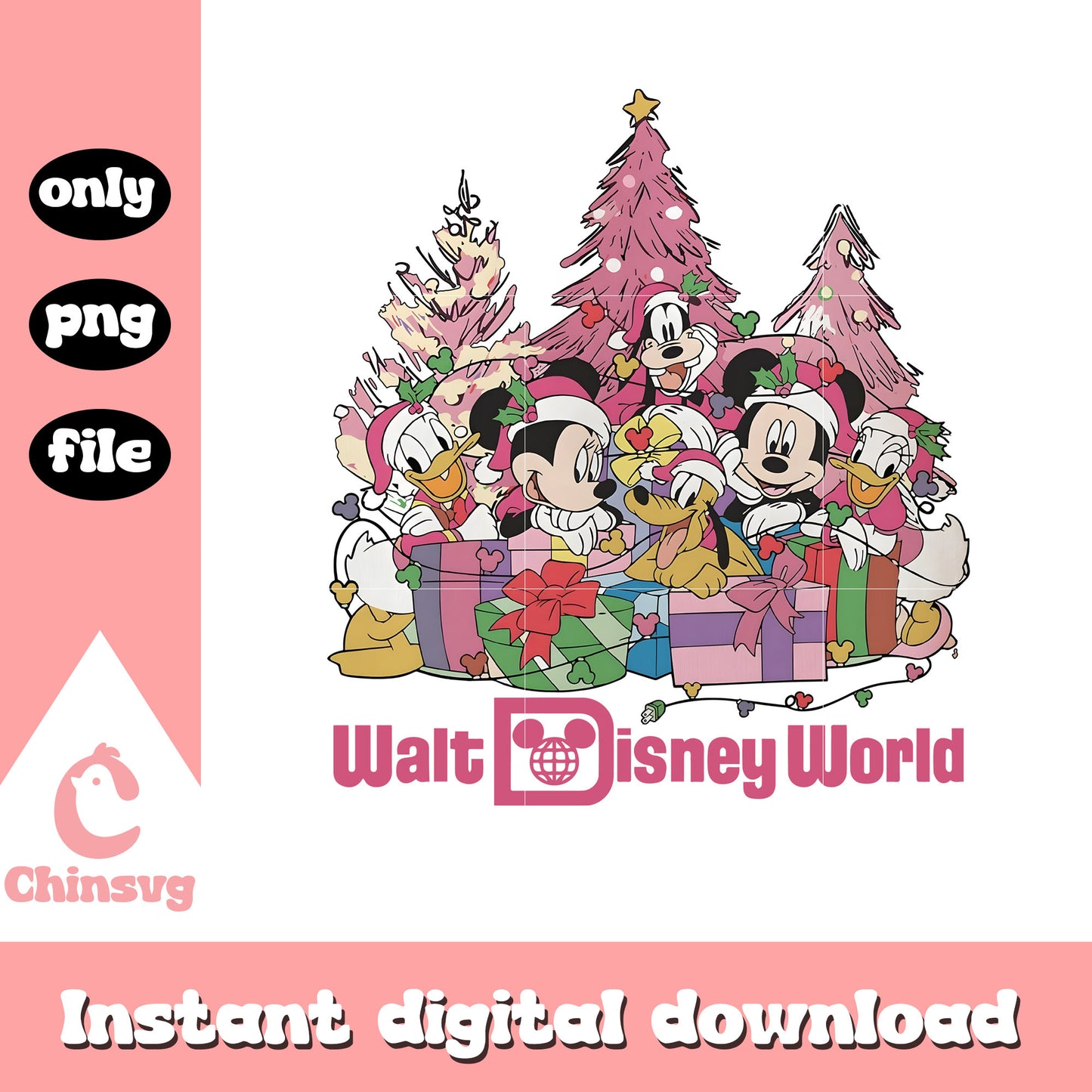 Pink walt disney world christmas design png, mickey friends png