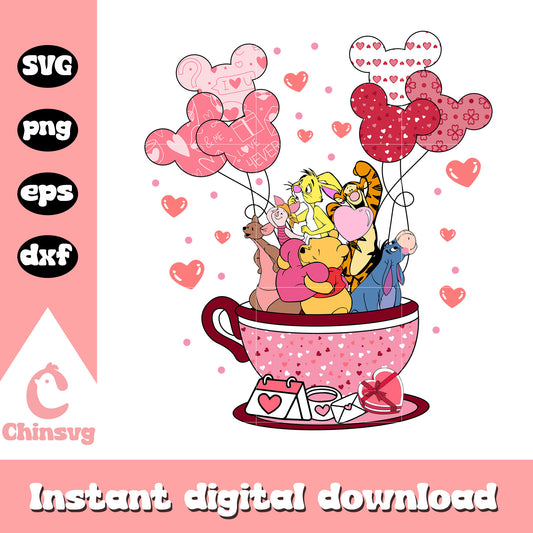 Pooh coffee cup balloon valentine svg, valentine's day pooh​ svg