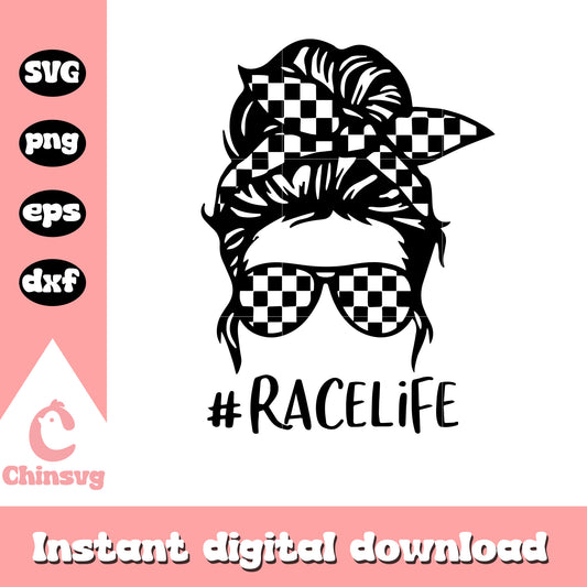 Race life messy bun svg, girl and bandana svg, girl svg