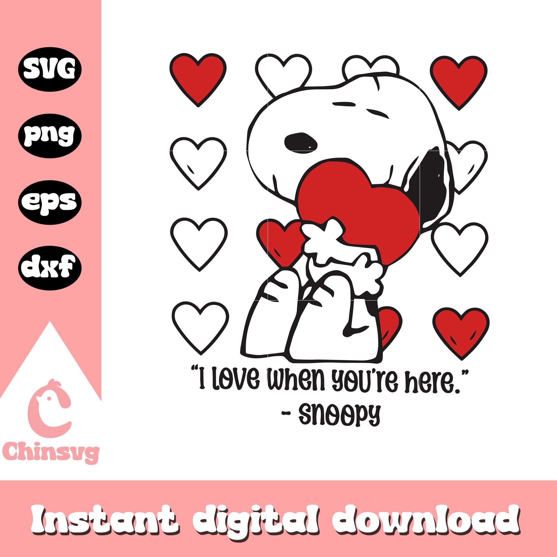 Snoopy hug heart I love when you're here svg, Snoopy quotes svg