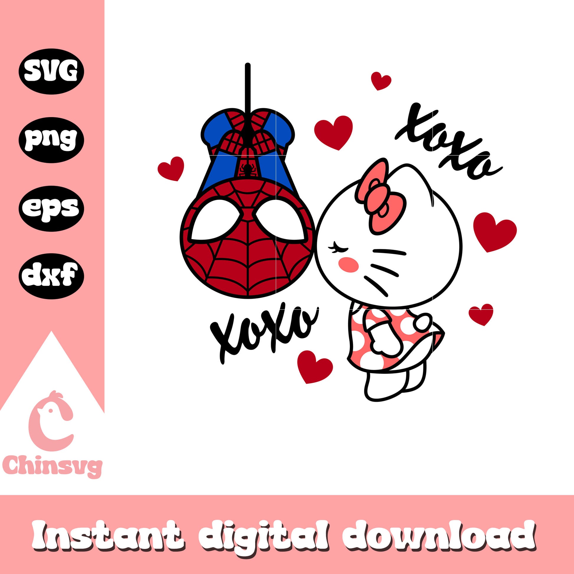 Spider man kissing hello kitty xoxo svg, hello kitty valentines svg