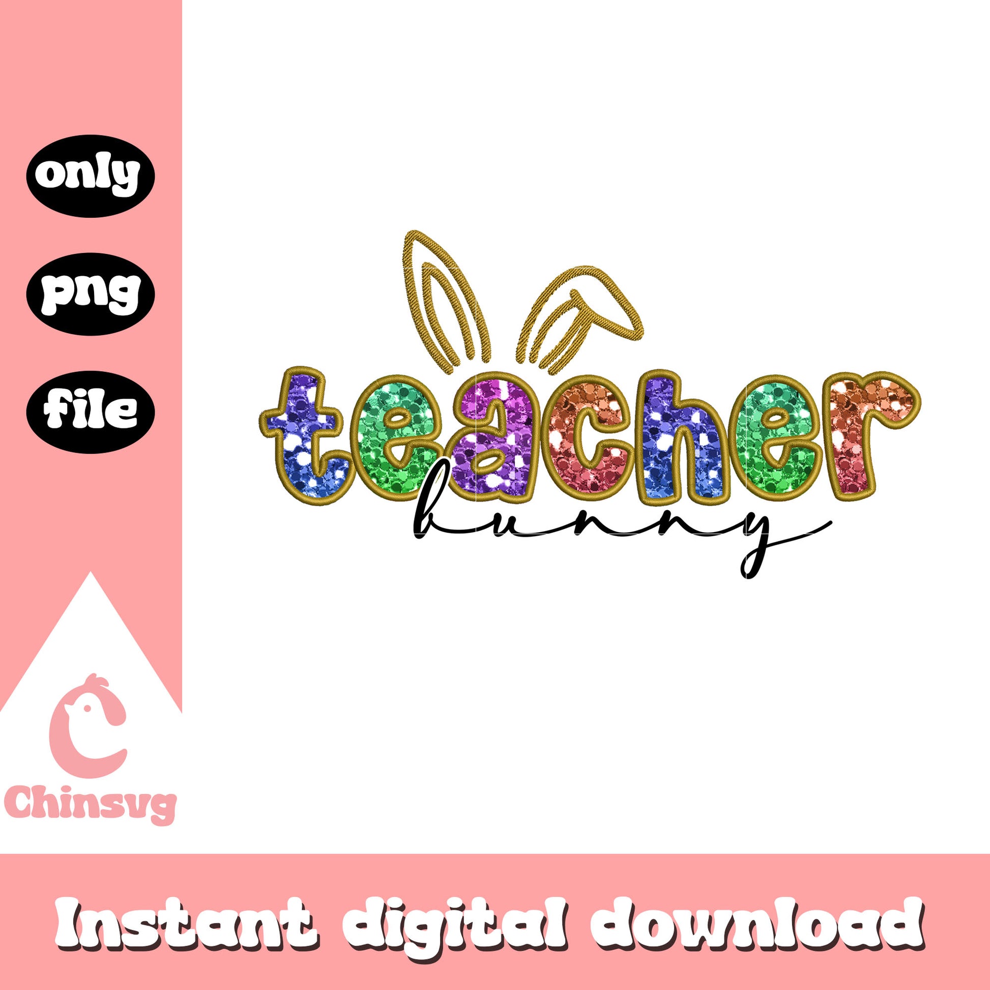 Teacher bunny glitter design png, easter day png, teacher png