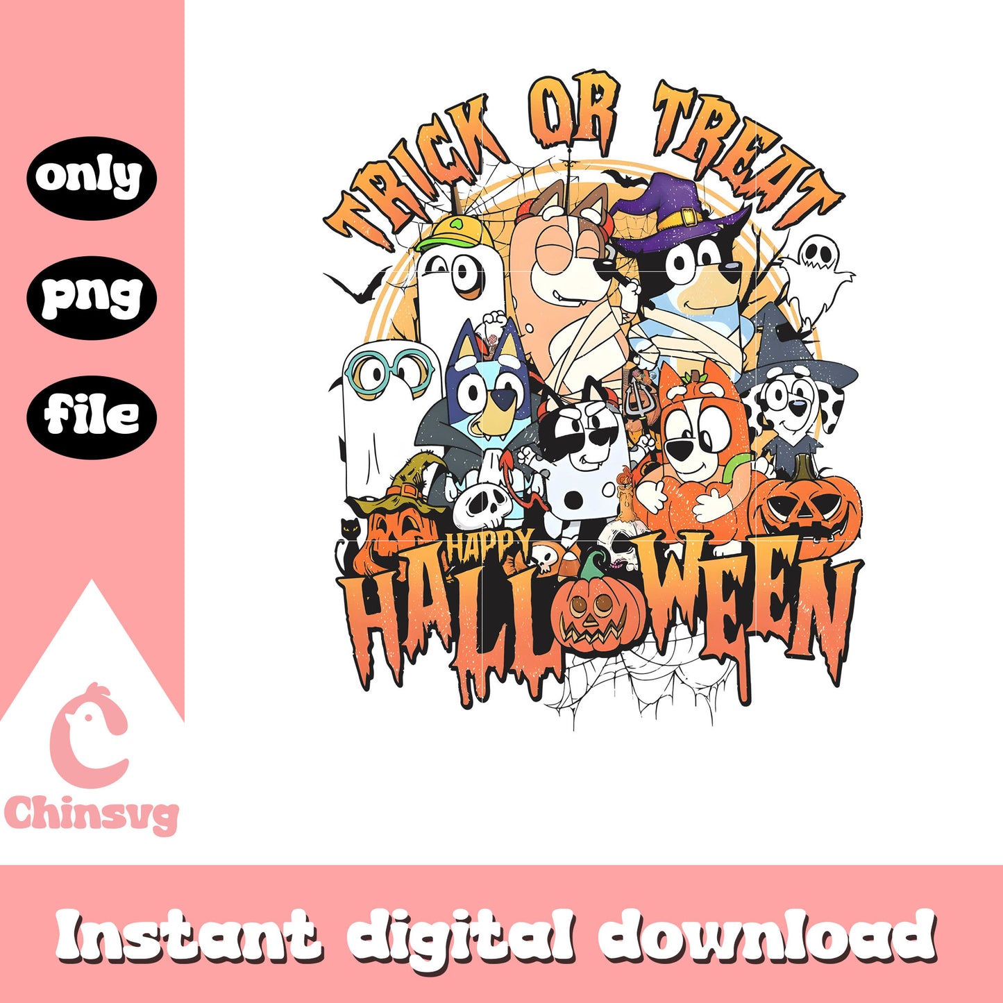 Trick or treat bluey casts design png, happy halloween png