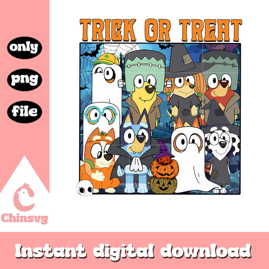 Trick or treat bluey casts design png, horor halloween png