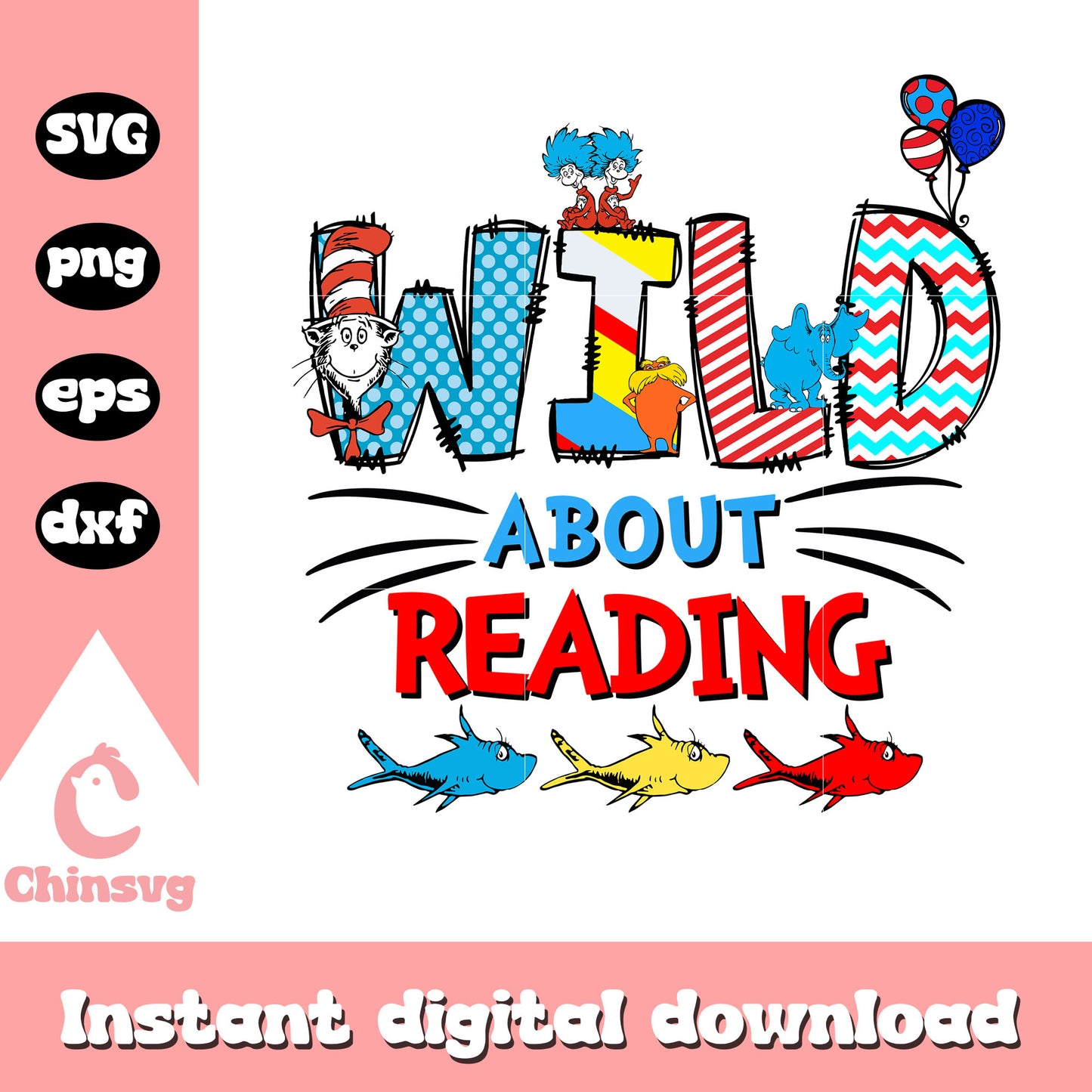 Wild about reading svg, love book svg, dr seuss characters svg